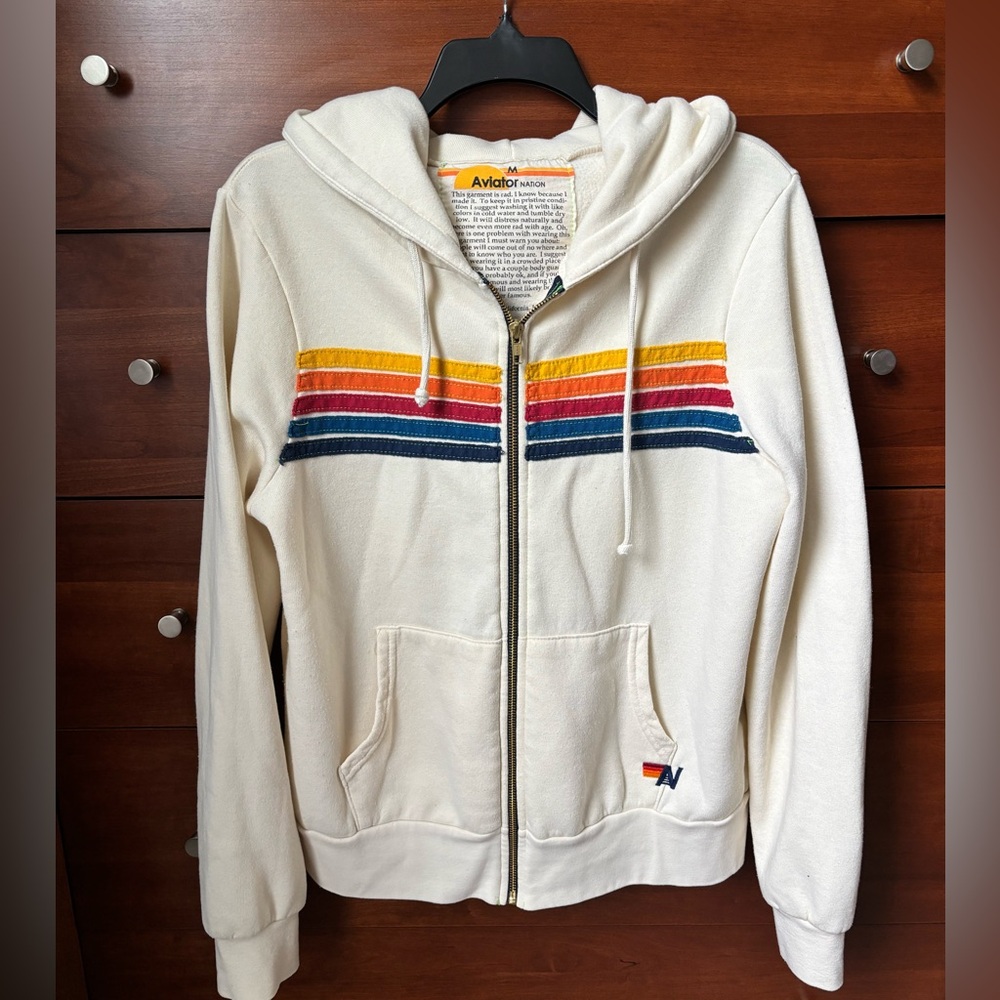 Aviator Nation Vintage White 5 Stripe Hoodie with Rainbow Stripes, M, EUC! 🌈